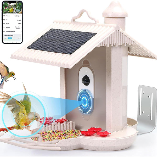 Alimentador de pássaros com câmera e reconhecimento de pássaros AI para o jardim - Com célula solar integrada
