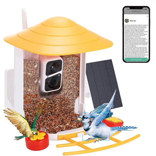 Alimentador de pássaros com câmera e reconhecimento de pássaros AI para o jardim