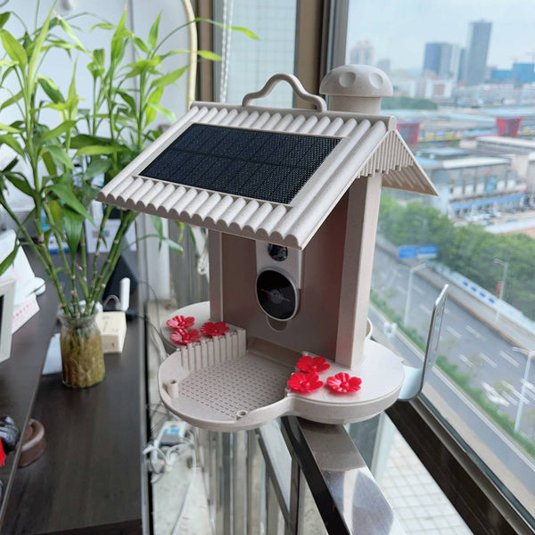 Alimentador de pássaros com câmera e reconhecimento de pássaros AI para o jardim - Com célula solar integrada
