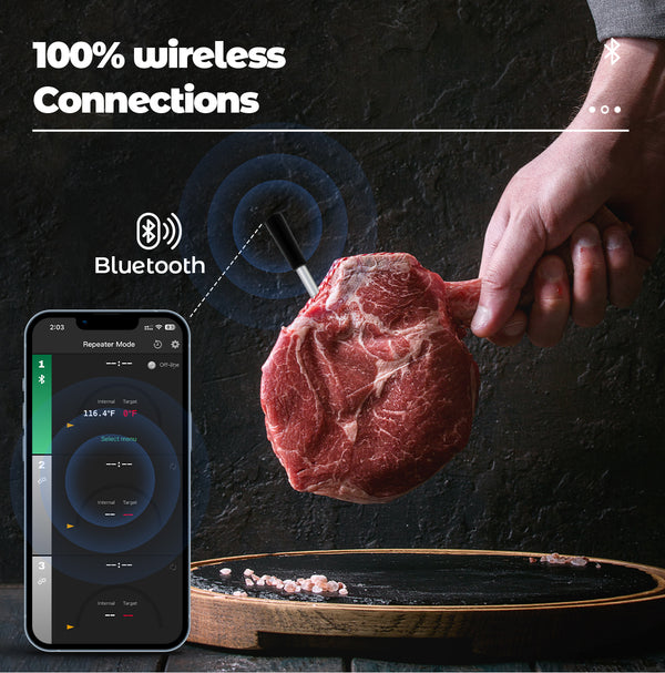 Termómetro para cozinhar e fritar - WIFI com APP para fritar - Repetidor garante uma longa distância entre o telemóvel - Forno, grelhador ou frigideira.