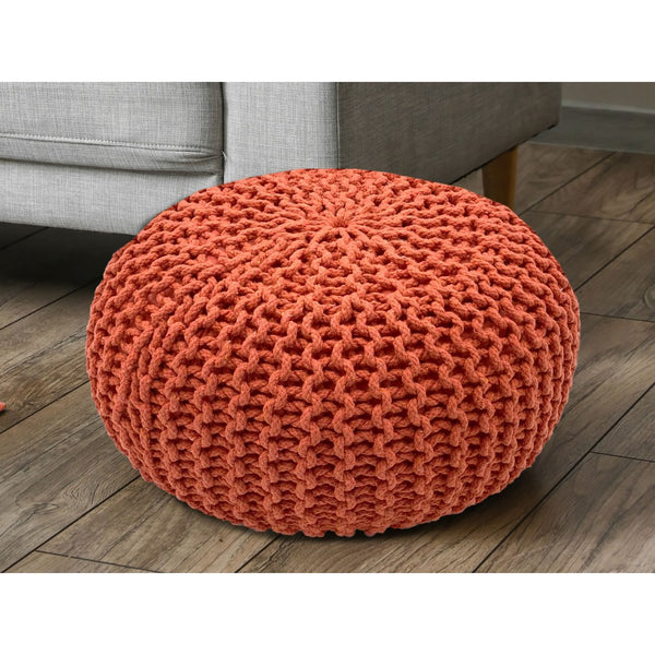 Pufe com diâmetro 55 cm (vermelho laranja) - Banco/almofada de chão em malha - Malha grossa com aspecto extra alto altura 37 cm