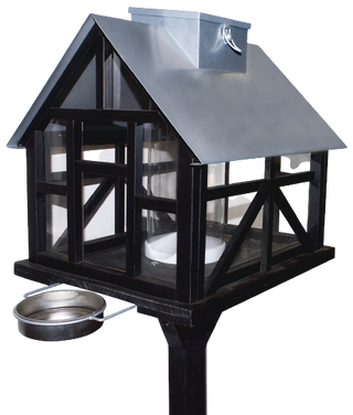 Casa de ração para pássaros / placa de alimentação - Panorama - com luz e tudo para ração e água