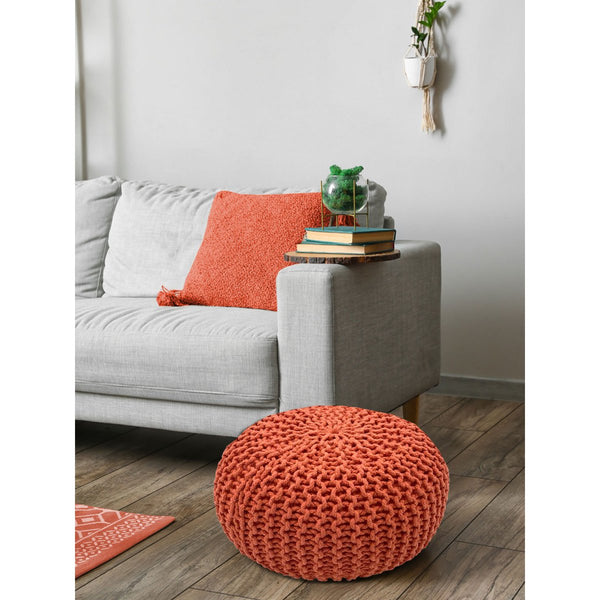 Pufe com diâmetro 55 cm (vermelho laranja) - Banco/almofada de chão em malha - Malha grossa com aspecto extra alto altura 37 cm
